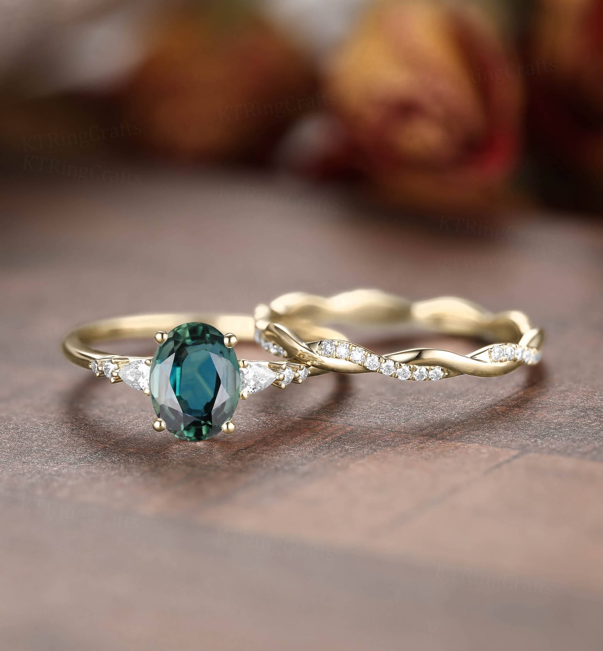 Oval Geschnitten Teal Saphir Verlobungsring Set, Grün Blau Ehering, Massiv Gelb Gold, Verdrehtes Band, Antike Versprechen Ring, Frauen Geschenk von KTRingCrafts