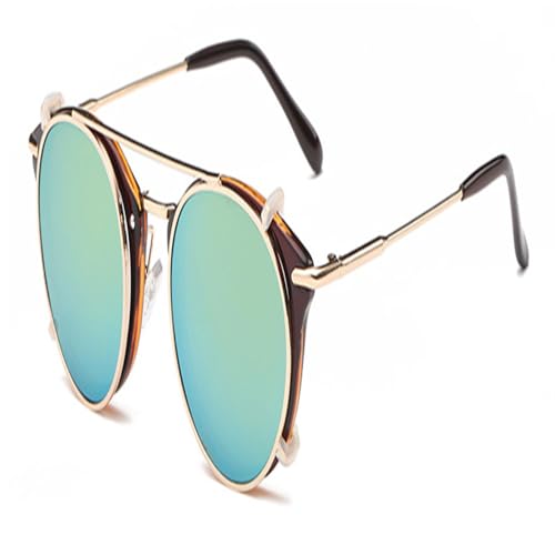 KTUCN Retro Damen Steampunk Sonnenbrille Flip Abnehmbare Linse Mode Herren Runde Punk Brille UV400,Braun Golden,BH01 von KTUCN