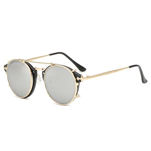 Retro Runde Steampunk Clip-On Sonnenbrille Herren Damen Doppelschicht Abnehmbare Gläser Abnehmbare Schattierungen Klare Hohlbeinbrille, Schwarz-Gold-Spiegel, BH01 von KTUCN
