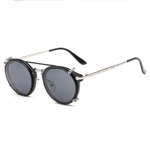 Retro Runde Steampunk Clip-On Sonnenbrille Herren Damen Doppelschicht Abnehmbare Gläser Abnehmbare Schirme Klare Hohlbeinbrille, Silbergrau, BH01 von KTUCN