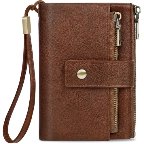 KTUEOV Geldbörse Damen, Portemonnaie Damen Klein aus PU Leder RFID Geldbeutel Frauen mit 12 Kartenfächern, 2 Zipper Münzfach und Détachable Handschlaufe - Retro Portmonee von KTUEOV