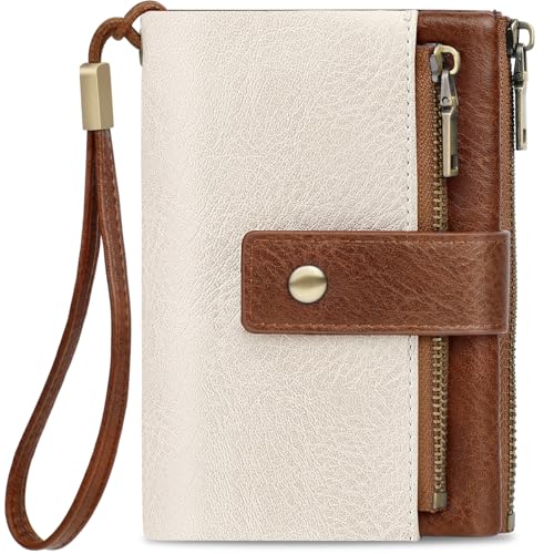 KTUEOV Geldbörse Damen, Portemonnaie Damen Klein aus PU Leder RFID Geldbeutel Frauen mit 12 Kartenfächern, 2 Zipper Münzfach und Détachable Handschlaufe - Retro Portmonee von KTUEOV