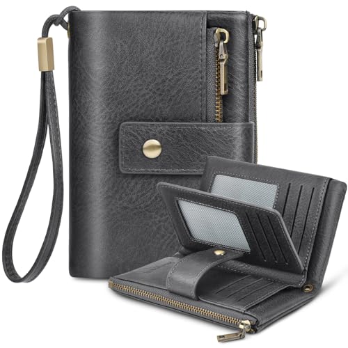 KTUEOV Geldbörse Damen, Portemonnaie Damen Klein aus PU Leder RFID Geldbeutel Frauen mit 12 Kartenfächern, 2 Zipper Münzfach und Détachable Handschlaufe - Retro Portmonee von KTUEOV