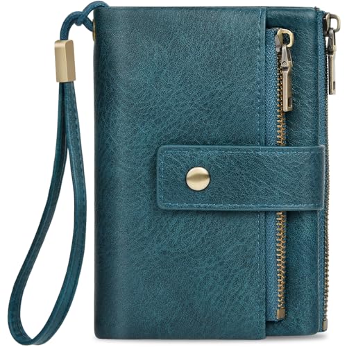 KTUEOV Geldbörse Damen, Portemonnaie Damen Klein aus PU Leder RFID Geldbeutel Frauen mit 12 Kartenfächern, 2 Zipper Münzfach und Détachable Handschlaufe - Retro Portmonee von KTUEOV