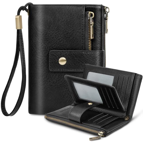 KTUEOV Geldbörse Damen, Portemonnaie Damen Klein aus PU Leder RFID Geldbeutel Frauen mit 12 Kartenfächern, 2 Zipper Münzfach und Détachable Handschlaufe - Retro Portmonee von KTUEOV