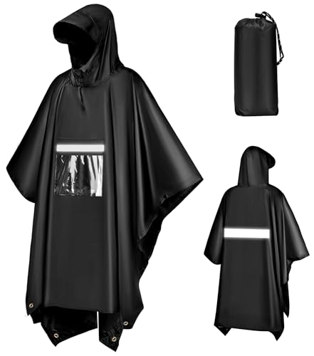 KTUEOV Regenponcho, Wasserdicht Regencape mit Kapuze für Damen Herren Leichter Regenmantel 3 in 1 Multifunktionales Poncho Regen Regenumhang mit Tasche für Wandern, Reisen, Camping von KTUEOV