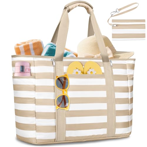 KTUEOV Strandtasche XXL Familie, 45L Wasserdicht Strandtasche mit Reißverschluss 12 Fächer Badetasche Damen Leichte und Faltbares Beach Bag Tote Bag Shopper Damen für Strand Pool Reisen Fitnessstudio von KTUEOV