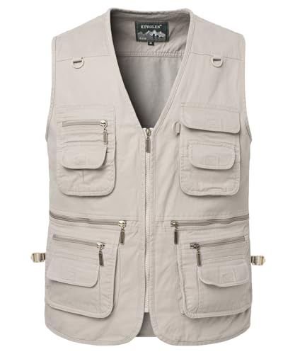 KTWOLEN Anglerweste Herren Arbeitsweste Sommer Hundesportweste Outdoor Multifunktionsweste Ärmellos Jagdweste mit Vielen Taschen, Beige, XL von KTWOLEN