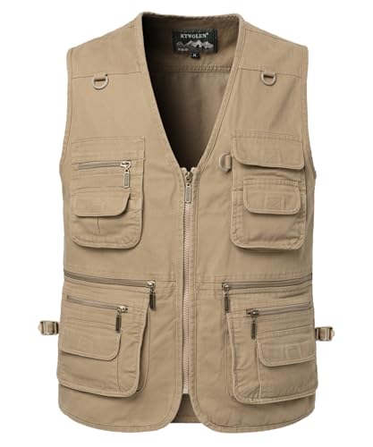 KTWOLEN Anglerweste Herren Arbeitsweste Sommer Hundesportweste Outdoor Multifunktionsweste Ärmellos Jagdweste mit Vielen Taschen, Khaki, XXL von KTWOLEN