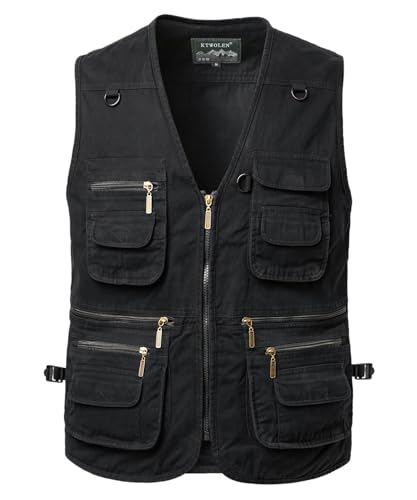 KTWOLEN Anglerweste Herren Arbeitsweste Sommer Hundesportweste Outdoor Multifunktionsweste Ärmellos Jagdweste mit Vielen Taschen, Schwarz, L von KTWOLEN