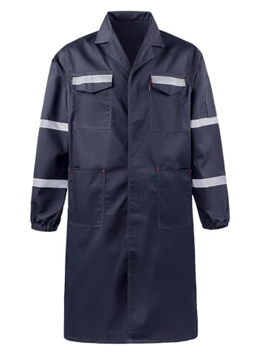 KTWOLEN Arbeitsmantel Herren Berufskittel mit Reflektierende Langen Ärmeln Berufsmantel Labor Kittel Handwerker Langer Mantel mit Knöpfen, Marine Blau, L von KTWOLEN