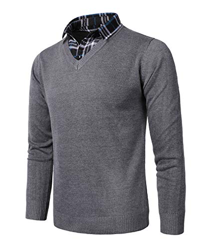 KTWOLEN Pullover mit Hemdkragen Herren 2 in 1 Winter Warm Strickpullover mit V-Ausschnitt Freizeit Mock Hemd Pullover Winter Strick-Pulli Langarmshirt, Dunkelgrau, L von KTWOLEN