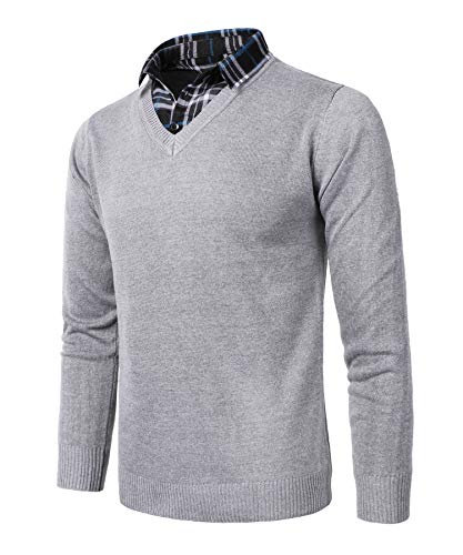 KTWOLEN Pullover mit Hemdkragen Herren 2 in 1 Winter Warm Strickpullover mit V-Ausschnitt Freizeit Mock Hemd Pullover Winter Strick-Pulli Langarmshirt, Hellgrau, XL von KTWOLEN