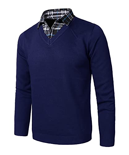 KTWOLEN Pullover mit Hemdkragen Herren 2 in 1 Winter Warm Strickpullover mit V-Ausschnitt Freizeit Mock Hemd Pullover Winter Strick-Pulli Langarmshirt, Navy Blau, M von KTWOLEN