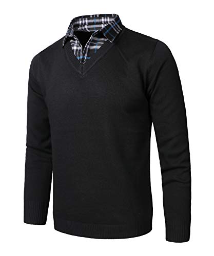 KTWOLEN Pullover mit Hemdkragen Herren 2 in 1 Winter Warm Strickpullover mit V-Ausschnitt Freizeit Mock Hemd Pullover Winter Strick-Pulli Langarmshirt, Schwarz, M von KTWOLEN