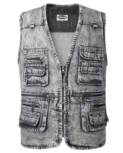 KTWOLEN Herren Outdoor Weste Casual Denim Weste Multi-Taschened Motorradweste Outdoor Ärmellos Angeln Fotografie Freizeit Jacke Jeansweste für Männer, C-Holzkohle, XXL von KTWOLEN