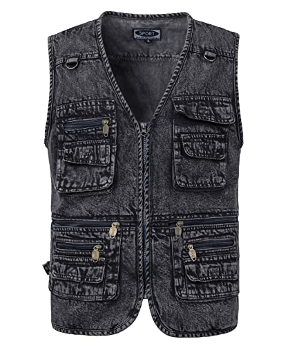 KTWOLEN Herren Outdoor Weste Casual Denim Weste Multi-Taschened Motorradweste Outdoor Ärmellos Angeln Fotografie Freizeit Jacke Jeansweste für Männer, C-Holzkohle, 3XL von KTWOLEN