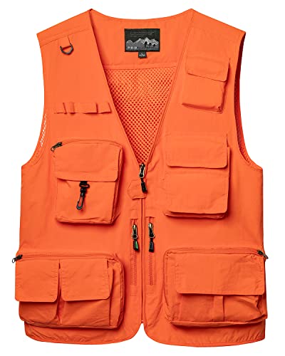 KTWOLEN Herren Anglerweste Sommer Leicht Schnelltrockenweste Funktionsweste Outdoor Fotografie Hundesport Weste Ärmellos Safari Weste mit Viele Taschen, Orange, XXL von KTWOLEN