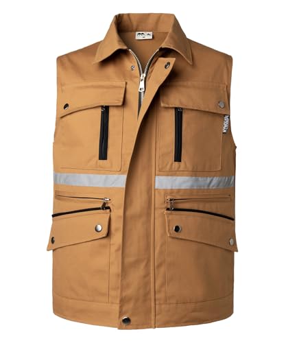 KTWOLEN Herren Anglerweste Fotografie Safari Weste mit Vielen Taschen Ärmellos Jagdweste Funktionale Reflektierende Arbeitsweste Sommer Outdoor Weste, Gelb, 3XL von KTWOLEN