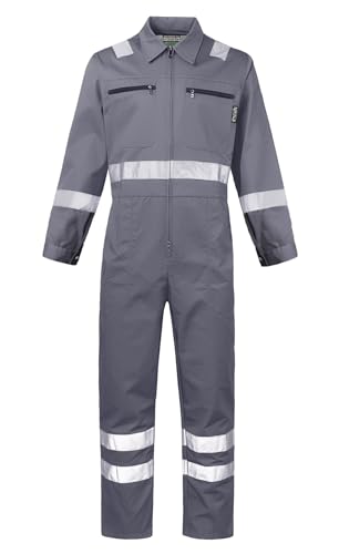 KTWOLEN Herren Arbeitsoverall Reflektierende Arbeitsanzug Langarm Rallyekombi Arbeitskombi Werkstattkittel Arbeitskleidung Reißverschluss Overall, Grau, M von KTWOLEN