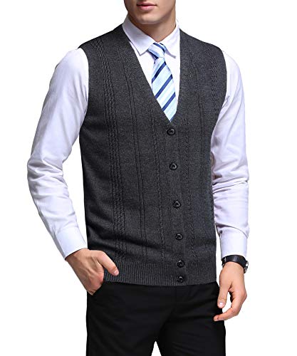KTWOLEN Herren Casual Strickwaren Ärmellos Weste Business Smart Weste V-Ausschnitt Hochzeitskleid Weste Cardigan Gr. Small, anthrazit von KTWOLEN