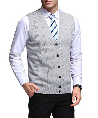 KTWOLEN Herren Casual Strickwaren Ärmellos Weste Business Smart Weste V-Ausschnitt Hochzeitskleid Weste Cardigan Gr. Small, hellgrau von KTWOLEN
