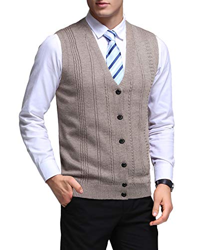 KTWOLEN Herren Casual Strickwaren Ärmellose Weste Business Smart Weste V-Ausschnitt Hochzeitskleid Weste Cardigan, beige, S von KTWOLEN