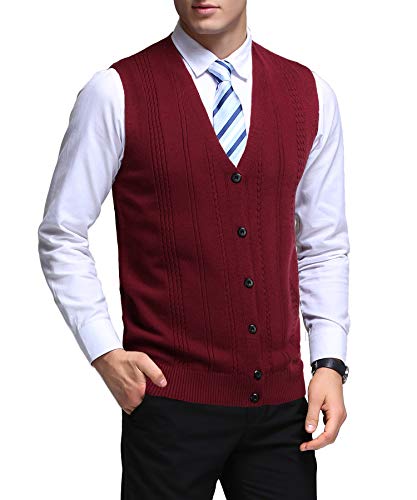 KTWOLEN Herren Casual Strickwaren Ärmellose Weste Business Smart Weste V-Ausschnitt Hochzeitskleid Weste Cardigan, rot, S von KTWOLEN