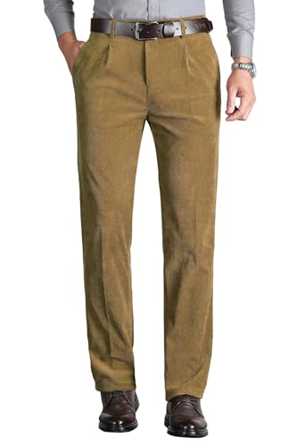 KTWOLEN Herren Cord Hose Freizeithose Klassischer Passform Cordhosen Stretch Leicht Hose Reißverschluss Büro Hose mit 4 Taschen, Khaki, 32 von KTWOLEN
