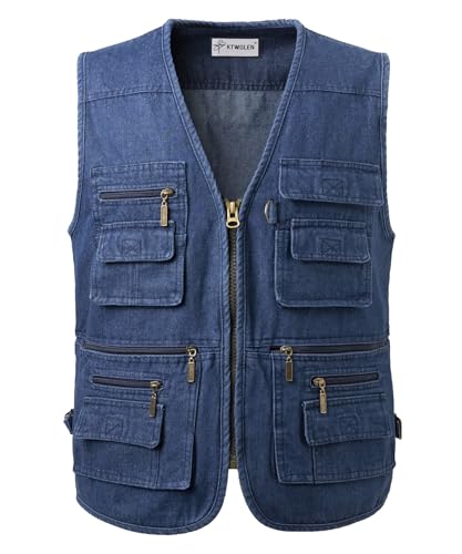 KTWOLEN Herren Denim Weste Casual Bikerweste Multi-Taschen Denim Jacken Motorradweste Outdoor Jeansweste Freizeit Ärmellos Jeansjacke, Blau, S von KTWOLEN