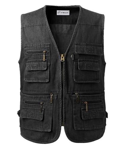 KTWOLEN Herren Denim Weste Casual Bikerweste Multi-Taschen Denim Jacken Motorradweste Outdoor Jeansweste Freizeit Ärmellos Jeansjacke, Schwarz, XL von KTWOLEN