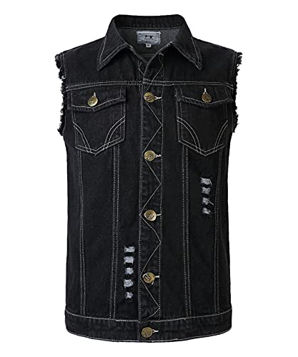 KTWOLEN Herren Denim Weste Casual Zerrissen Jeansweste Biker Ärmellose Jacke Freizeitweste Motorradweste, Schwarz, M von KTWOLEN