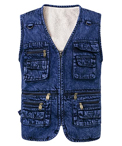 KTWOLEN Herren Denim Weste mit Fleece Gefüttert Outdoor Fleece-Weste Winter Motorradweste Jeansweste Dickes Warm Ärmellos Jeans Jacke mit Multi-Taschen, Blau, 3XL von KTWOLEN