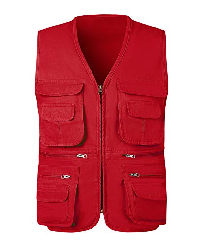 KTWOLEN Herren Outdoor Weste Baumwolle Anglerweste Freizeit Jagd Trekking Wander Angler Camping Safari Weste Ärmellos Jacke mit vielen praktischen Taschen, rot, L von KTWOLEN