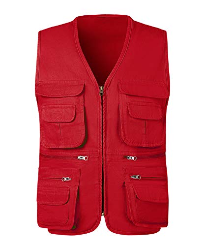 KTWOLEN Herren Outdoor Weste Baumwolle Anglerweste Freizeit Jagd Trekking Wander Angler Camping Safari Weste Ärmellos Jacke mit vielen praktischen Taschen, rot, XXL von KTWOLEN