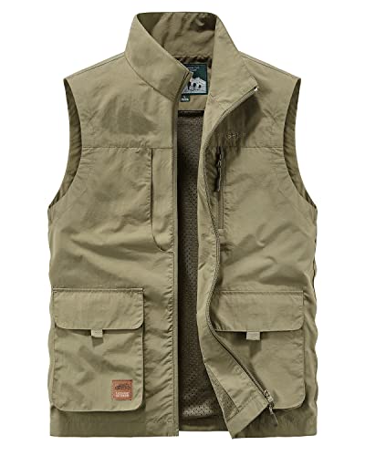 KTWOLEN Herren Outdoor Sport Weste Ärmellose Jacke Safari Weste mit Vielen Taschen Anglerweste Fotografie Sport Camping Jagd Wandern Freizeitweste, Khaki, L von KTWOLEN