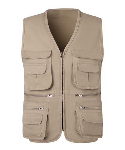 KTWOLEN Herren Outdoor Weste Baumwolle Anglerweste Freizeit Jagd Trekking Wander Angler Camping Safari Weste Ärmellos Jacke mit vielen praktischen Taschen, Beige, 5XL von KTWOLEN