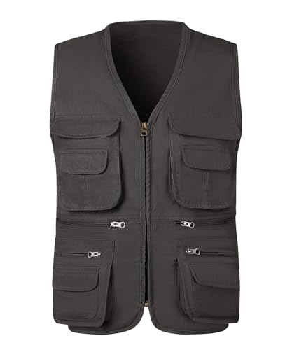 KTWOLEN Herren Outdoor Weste Baumwolle Anglerweste Freizeit Jagd Trekking Wander Angler Camping Safari Weste Ärmellos Jacke mit vielen praktischen Taschen, Holzkohle, 6XL von KTWOLEN