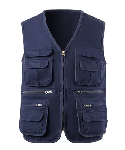 KTWOLEN Herren Outdoor Weste Baumwolle Anglerweste Freizeit Jagd Trekking Wander Angler Camping Safari Weste Ärmellos Jacke mit vielen praktischen Taschen, Navy Blau, M von KTWOLEN