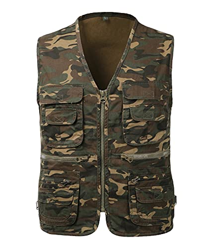 KTWOLEN Herren Outdoor Weste Baumwolle Anglerweste Freizeit Jagd Trekking Wander Angler Camping Safari Weste Ärmellos Jacke mit vielen praktischen Taschen, Tarnung, 4XL von KTWOLEN