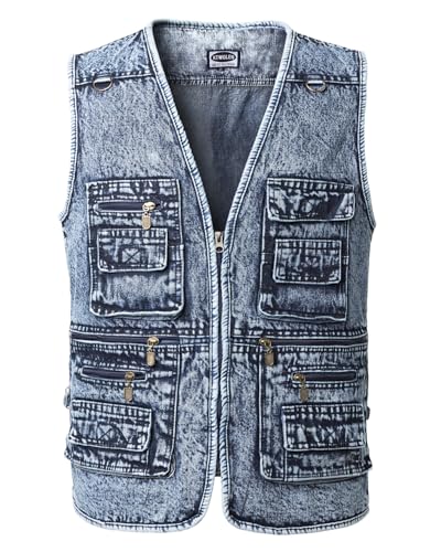 KTWOLEN Herren Outdoor Weste Casual Denim Weste Multi-Taschened Motorradweste Outdoor Ärmellos Angeln Fotografie Freizeit Jacke Jeansweste für Männer, Hellblau, XL von KTWOLEN