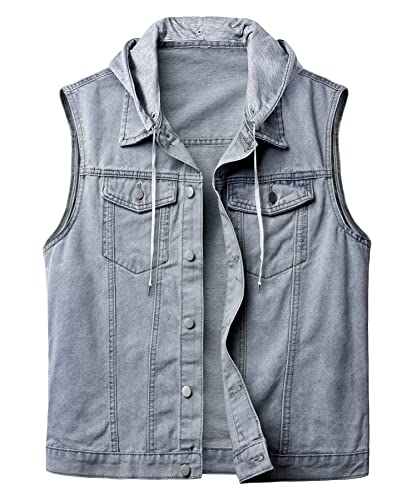 KTWOLEN Herren Outdoor Weste Casual Jeansweste für Freizeit Ärmellose Denim Weste Jeans Weste für Männer Motorradweste Wandern Weste, A-Blau_Kapuze, 3XL von KTWOLEN