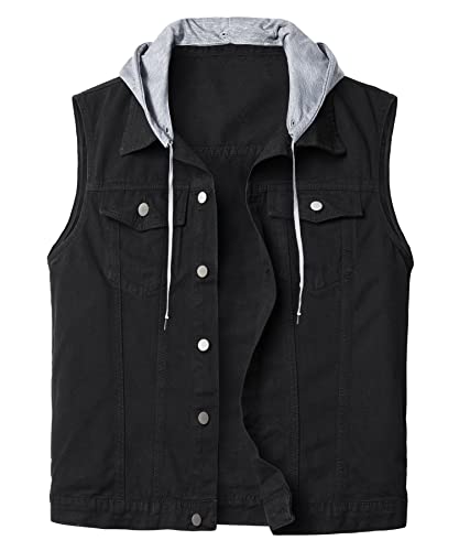 Jeansweste Herren Ärmellos Denim Weste Bikerweste Freizeitweste Trucker Weste Ärmellose Jacke für Wandern Mit Kapuze, Schwarz, XXL von KTWOLEN