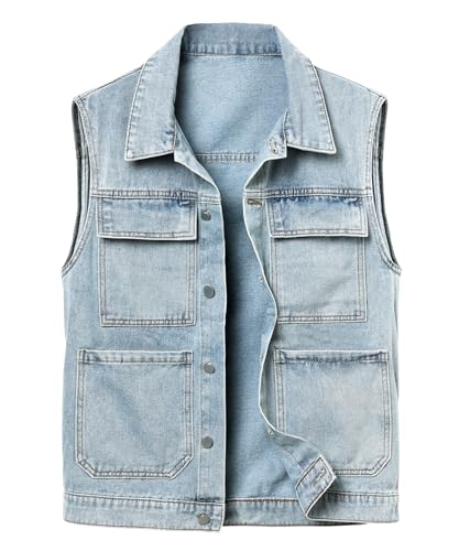 KTWOLEN Denim Weste Herren Jeansweste Outdoor Weste Freizeit Ärmellos Denim Jacken Jagd Angeln Camping Weste Mit Vielen Taschen, Blau,XXL von KTWOLEN