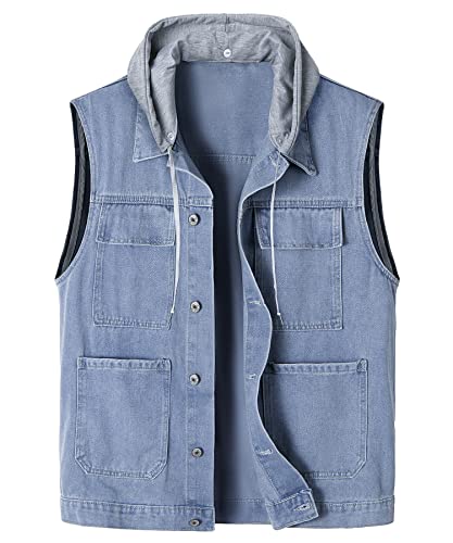 KTWOLEN Herren Outdoor Weste Casual Jeansweste für Freizeit Ärmellose Denim Weste Jeans Weste für Männer Motorradweste Wandern Weste, B-Blau_Kapuze, 3XL von KTWOLEN