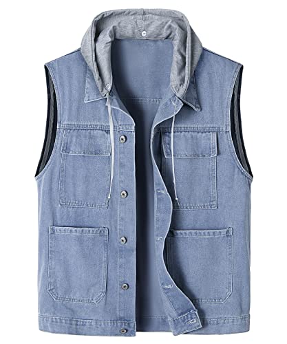 KTWOLEN Herren Outdoor Weste Casual Jeansweste für Freizeit Ärmellose Denim Jeans Weste für Männer Motorradweste, B-Blau_Kapuze, 4XL von KTWOLEN