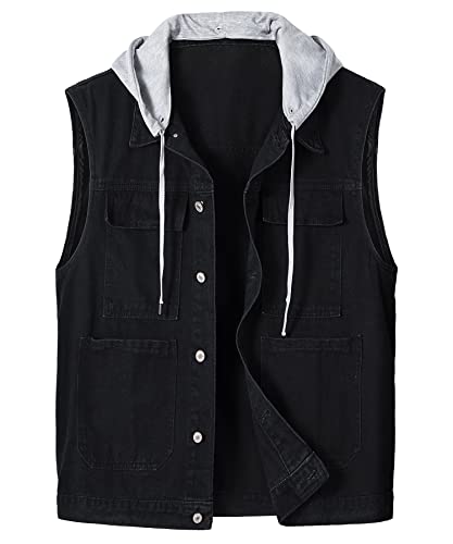 KTWOLEN Herren Outdoor Weste Casual Jeansweste für Freizeit Ärmellose Denim Weste Jeans Weste für Männer Motorradweste Wandern Weste, B-Schwarz_Kapuze, M von KTWOLEN