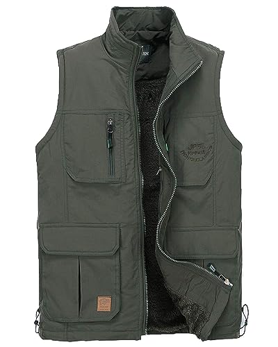 KTWOLEN Herren Outdoor Weste Fleece Gefüttert Ärmellose Jacke mit Mehrere Taschen Anglerweste Multifunktionsweste Fotografie Jagd Übergangswesten Warmer Winterweste, Grün, M von KTWOLEN