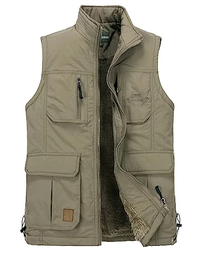 KTWOLEN Herren Outdoor Weste Fleece Gefüttert Ärmellose Jacke mit Mehrere Taschen Anglerweste Multifunktionsweste Fotografie Jagd Übergangswesten Warmer Winterweste, Khaki, L von KTWOLEN