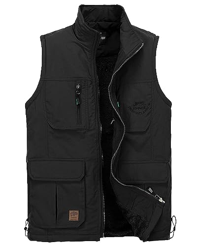 KTWOLEN Herren Outdoor Weste Fleece Gefüttert Ärmellose Jacke mit Mehrere Taschen Anglerweste Multifunktionsweste Fotografie Jagd Übergangswesten Warmer Winterweste, Schwarz, M von KTWOLEN